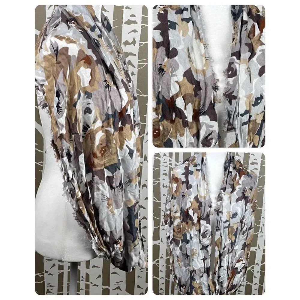 Spring Ready Browns and Grey Abstract Floral Lightweight Infinity Scarf